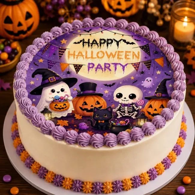 Essbares rundes Tortenbild mit Wunschtext – Farbenfrohe Happy Halloween Party mit Skelett, Geist und süßen Monstern